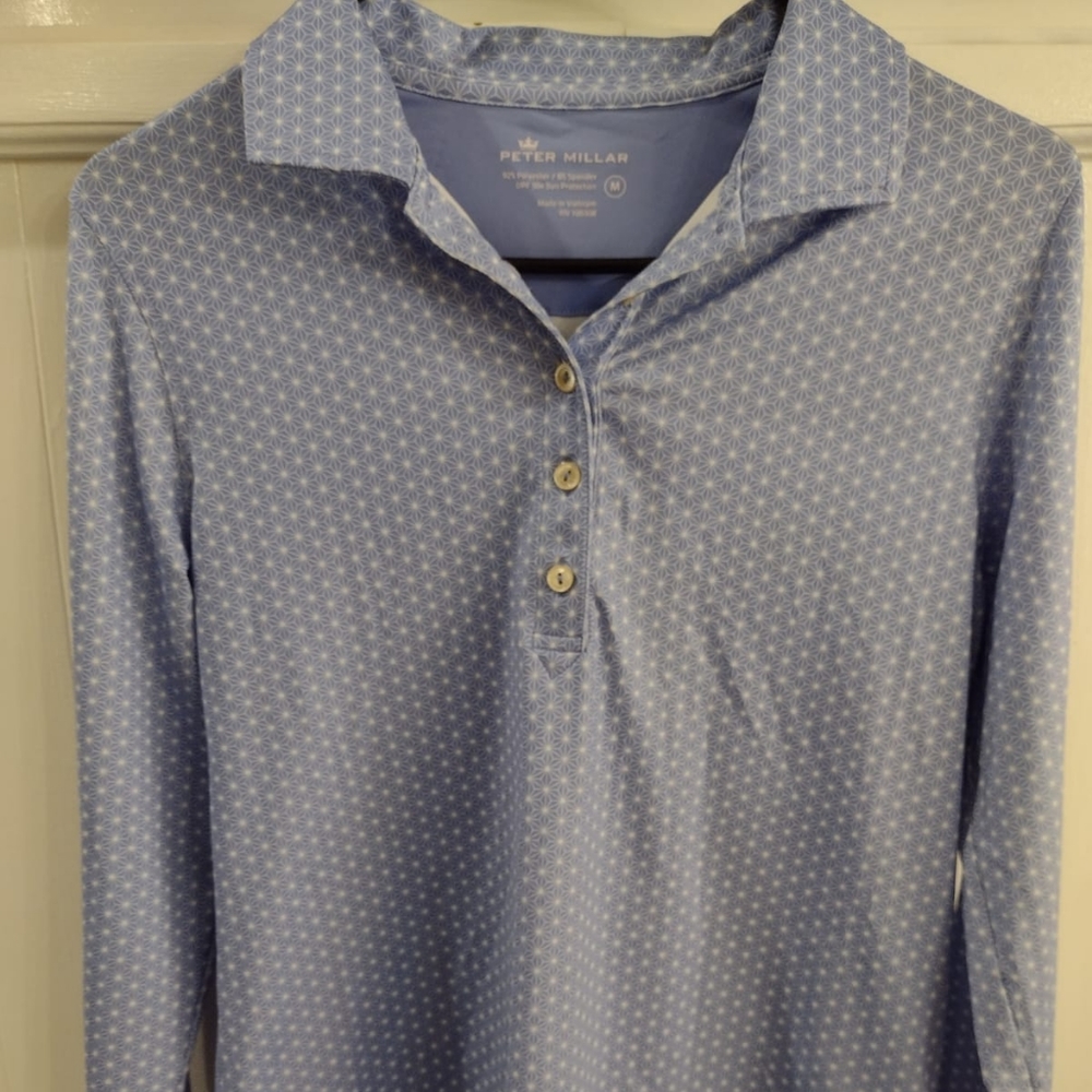 Mens Peter Millar Long Sleeve Golf Polo, UPF 50, Size M, Light Blue